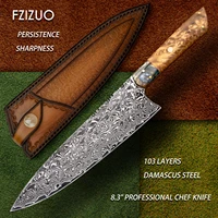 fzizuo handmade chef knife 8 3inch high carbon damascus steel burl handle full tang gyuto knife kitchen knife with sheath