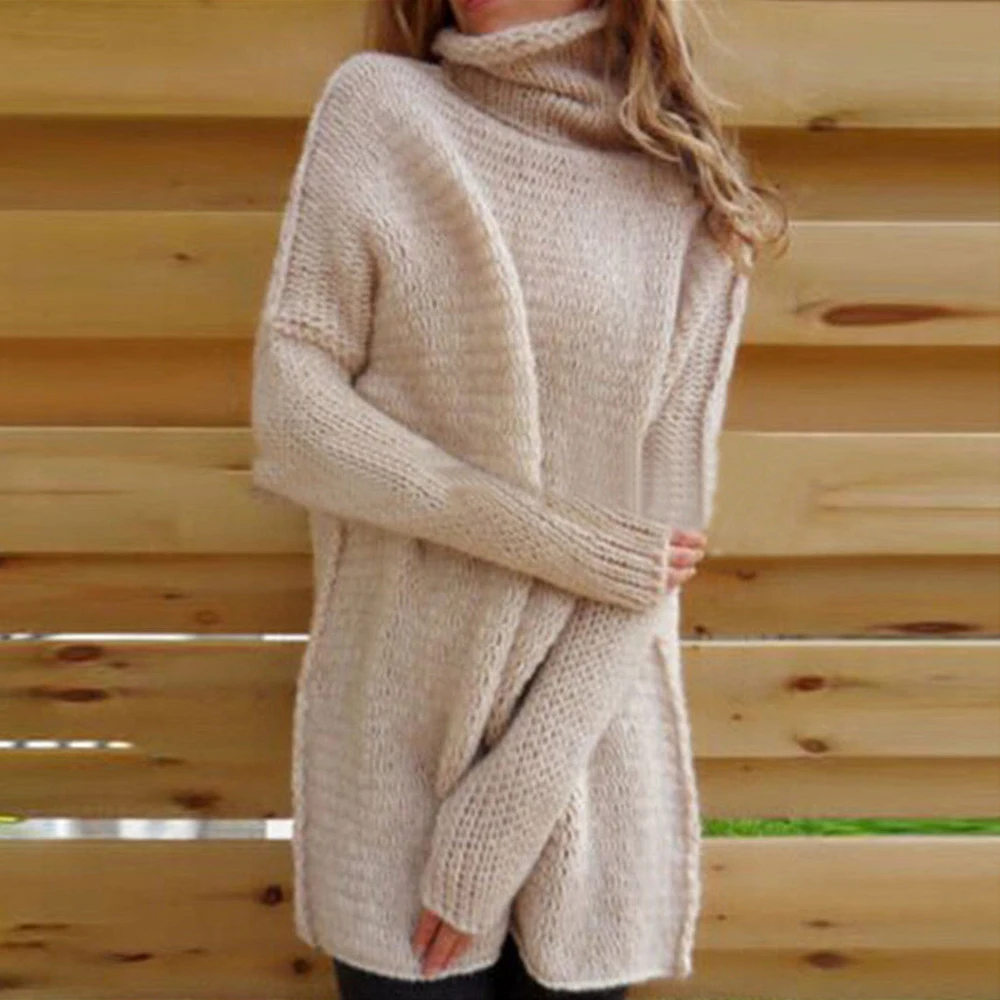 Womens Turtleneck Sweater Autumn Witer Long Sleeve Chunky Knit Pullover Loose Irregular Sweaters Female Solid Jumper Tops D30 | Женская
