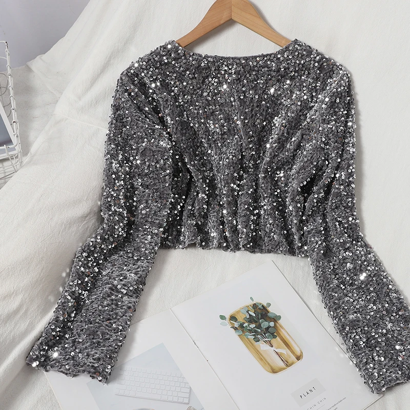 Women Autumn T Shirts Sequins O-Neck Long-sleeved Tee Temperament Young Lady Sweet Short Crop Top Female GX