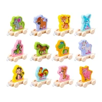 1 set drag train plaything chinese zodiac train toy number blocks wooden toy for kids preschool education