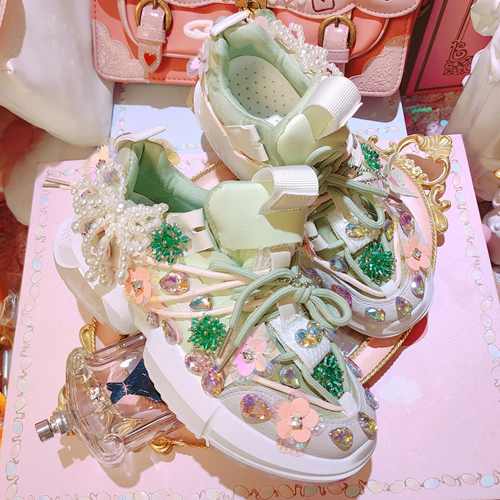 

Womens Rhinestones Diamond Pearls Flowers Sneakers Mesh Casual Lolita Shoes Girls Lace Up DIY X-mas Gift Girls New 2022