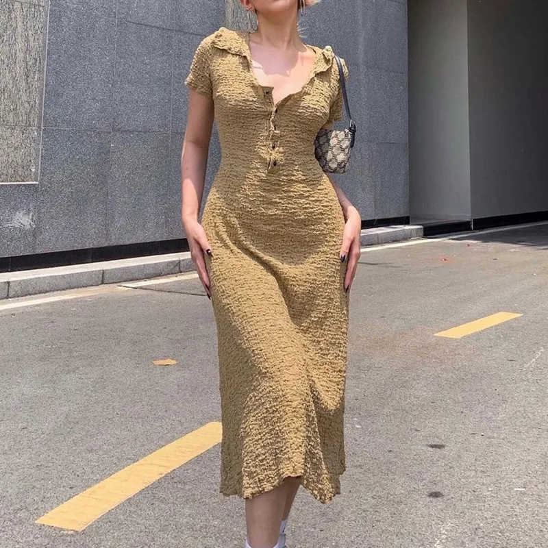 

Винтажное французское романтическое шикарное однотонное женское миди-платье с V-образным вырезом пуговица для пуловера Хлопковые Платья ж...