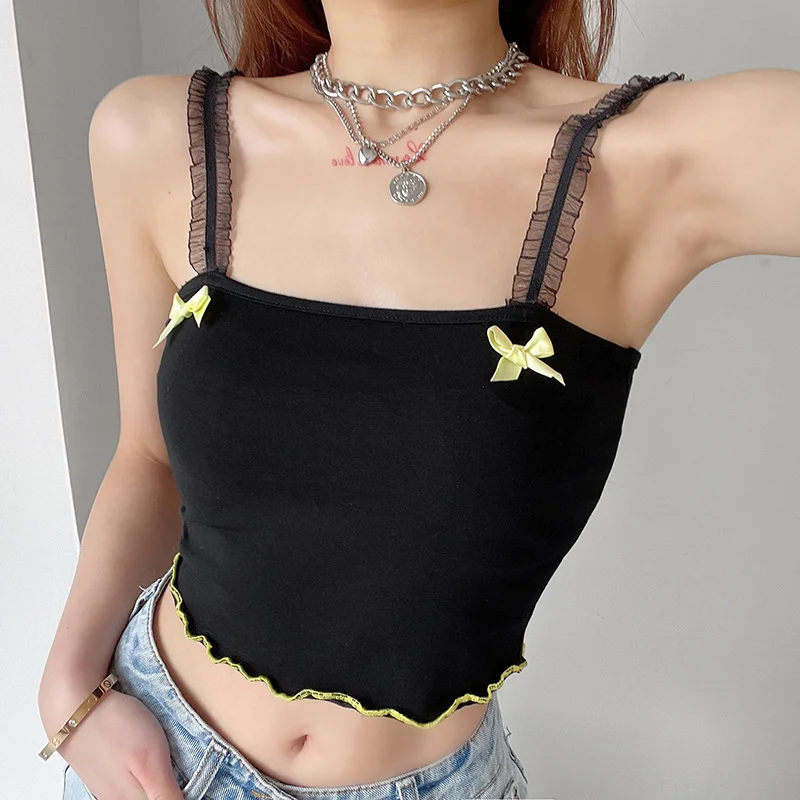 

2021 new women's fashion spice girl short bow tie splicing sling open back bottom Bra Top Free shipping