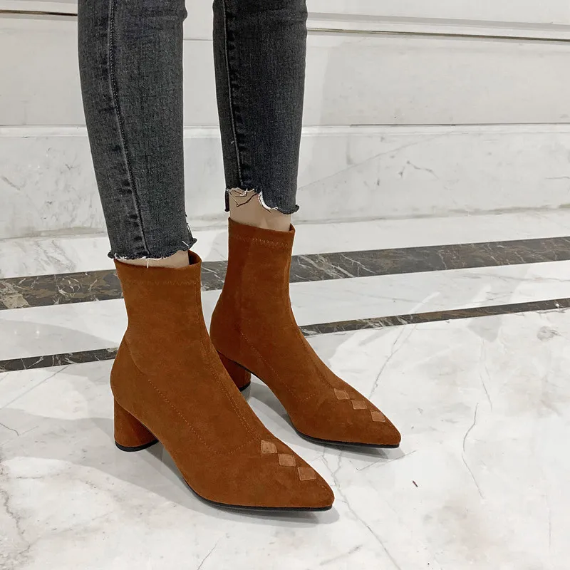 

ASUMER 2021 top quality Stretch boots women pointed toe slip on square high heels autumn winter shoes women ankle boots