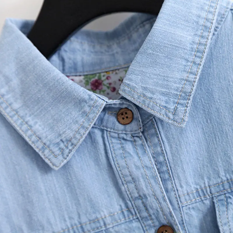 Женская джинсовая рубашка с длинным рукавом двумя карманами|blouse fashion|blouses plusfashion