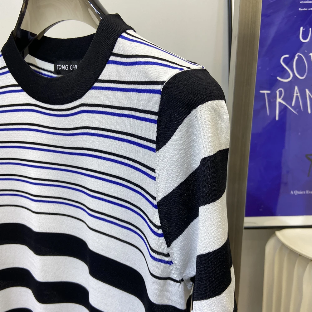 

Spring and summer simple temperament knitted striped dress mature ladies skirt elegant short-sleeved A-line skirt