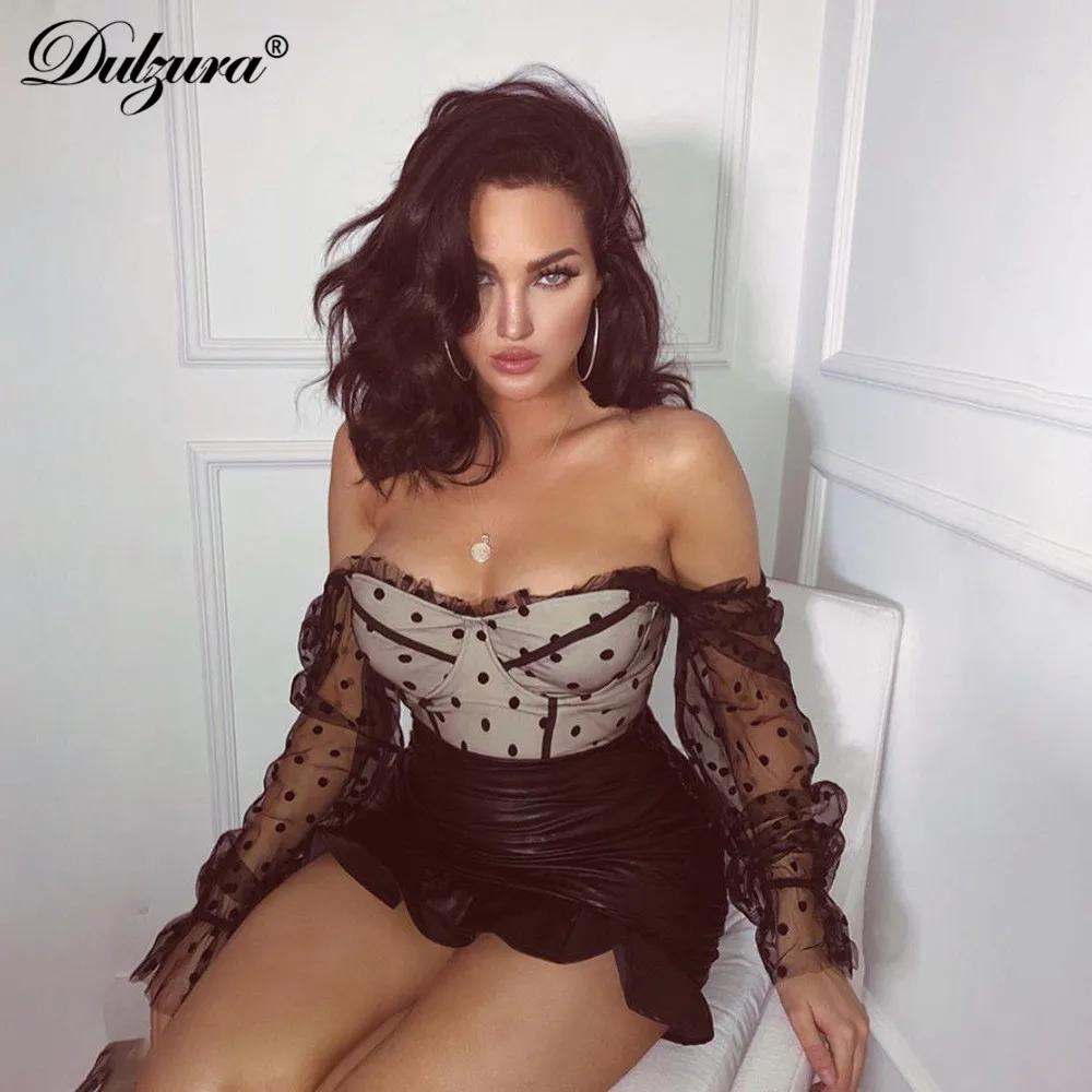 Dulzura/ Летняя женская футболка в горошек, элегантный сетчатый сексуальный короткий топ с длинными рукавами и оборками, праздничная одежда, вечерние женские офисные