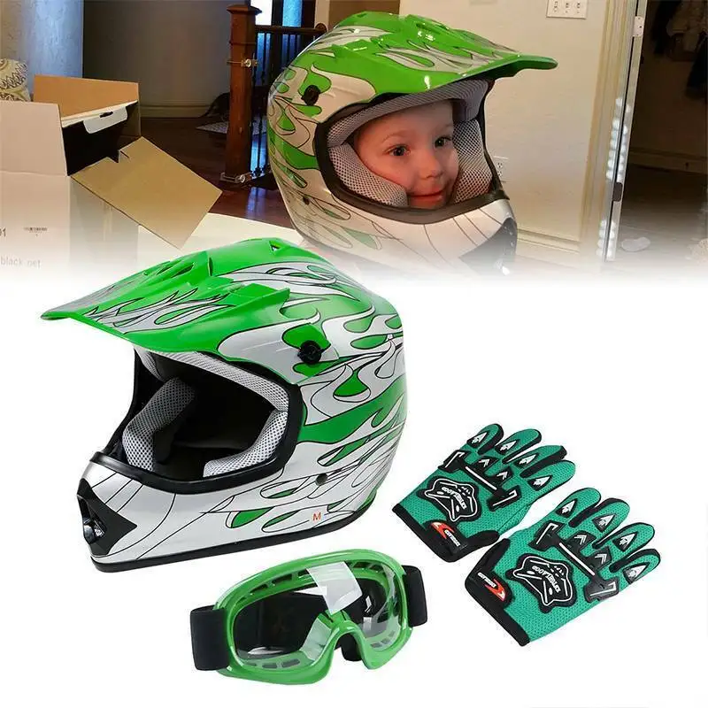 

Motorcycle Helmet Youth Kids Green Flame Dirt Bike ATV Motocross Cycling Full Face Helmet Outdoorsport Safety Helmet S /M /L /XL