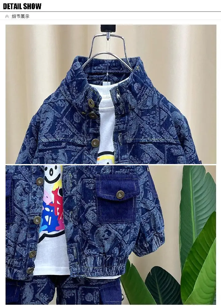 

Autumn Spring Baby Set Boys Denim Jacket +pants Girl 2 Pcs Set Kids Suit for Children Ins Geometric Letter Full Print 2-12 Yrs