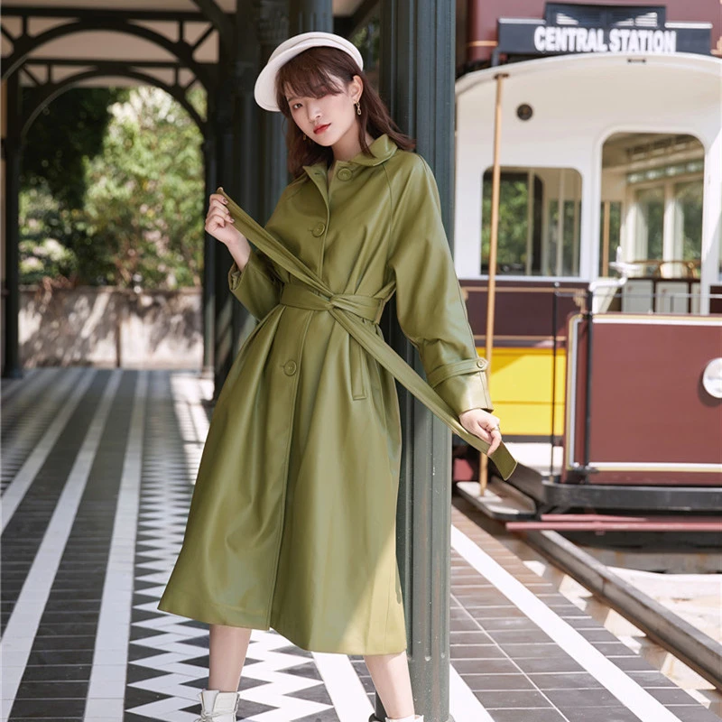 Винтажная длинная верхняя одежда из искусственной кожи 2020 новый весенний пояс