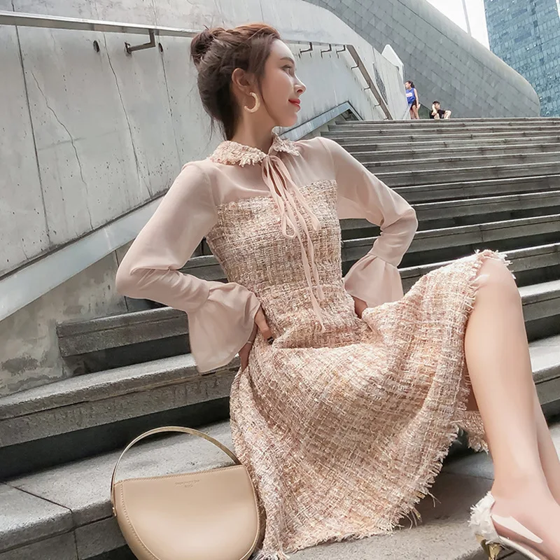 Женское приталенное платье миди с длинным рукавом и отложным воротником|Женские