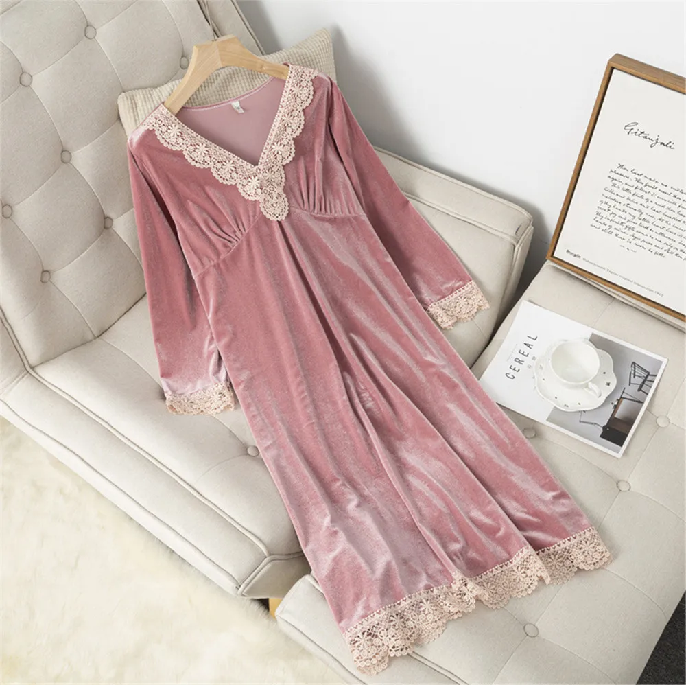 

Sexy Lace Trim Gold Velvet Nightdress V-Neck Long Sleeve Velour Women Nightgown Casual Nightwear Homewear Soft Bathrobe