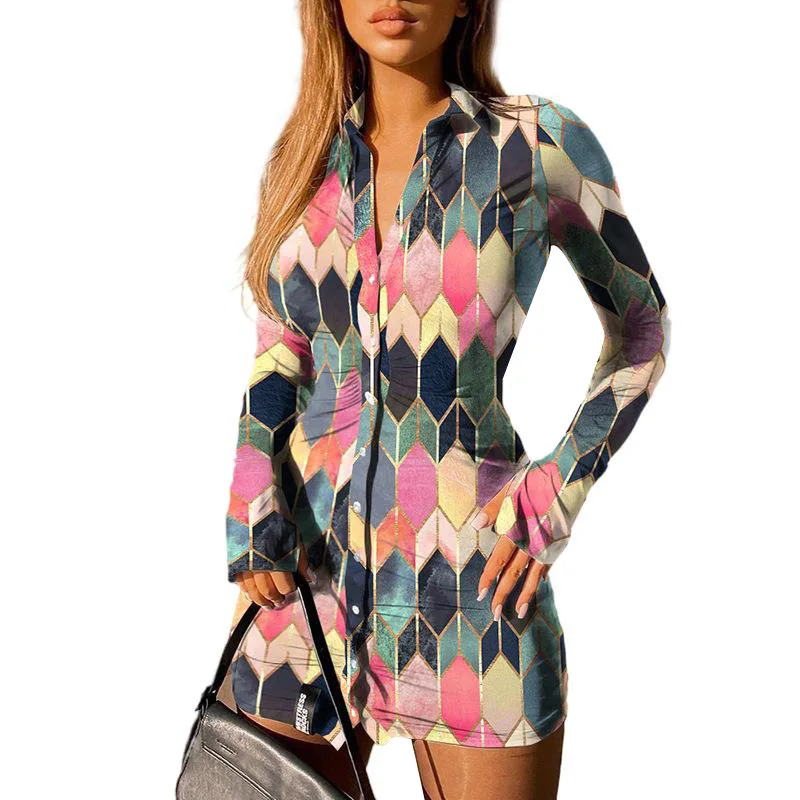 

2021 Spring Summer New Women's Printed Long-Sleeved Lapel Slim Cardigan Shirt Dress Fashion Single-Breasted Mini Dress Femme