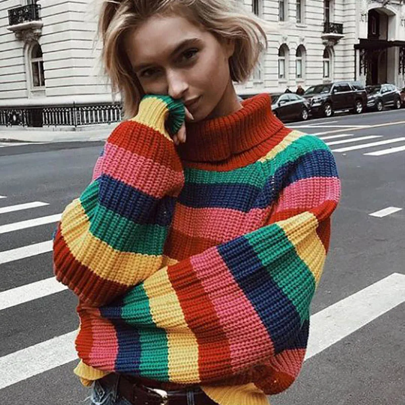 Rainbow Spring Winter Women Casual Rainbow Turtleneck Sweaters Knitted Clothes Fashion Striped Oversized Pullover Female - Цвет: Rainbow