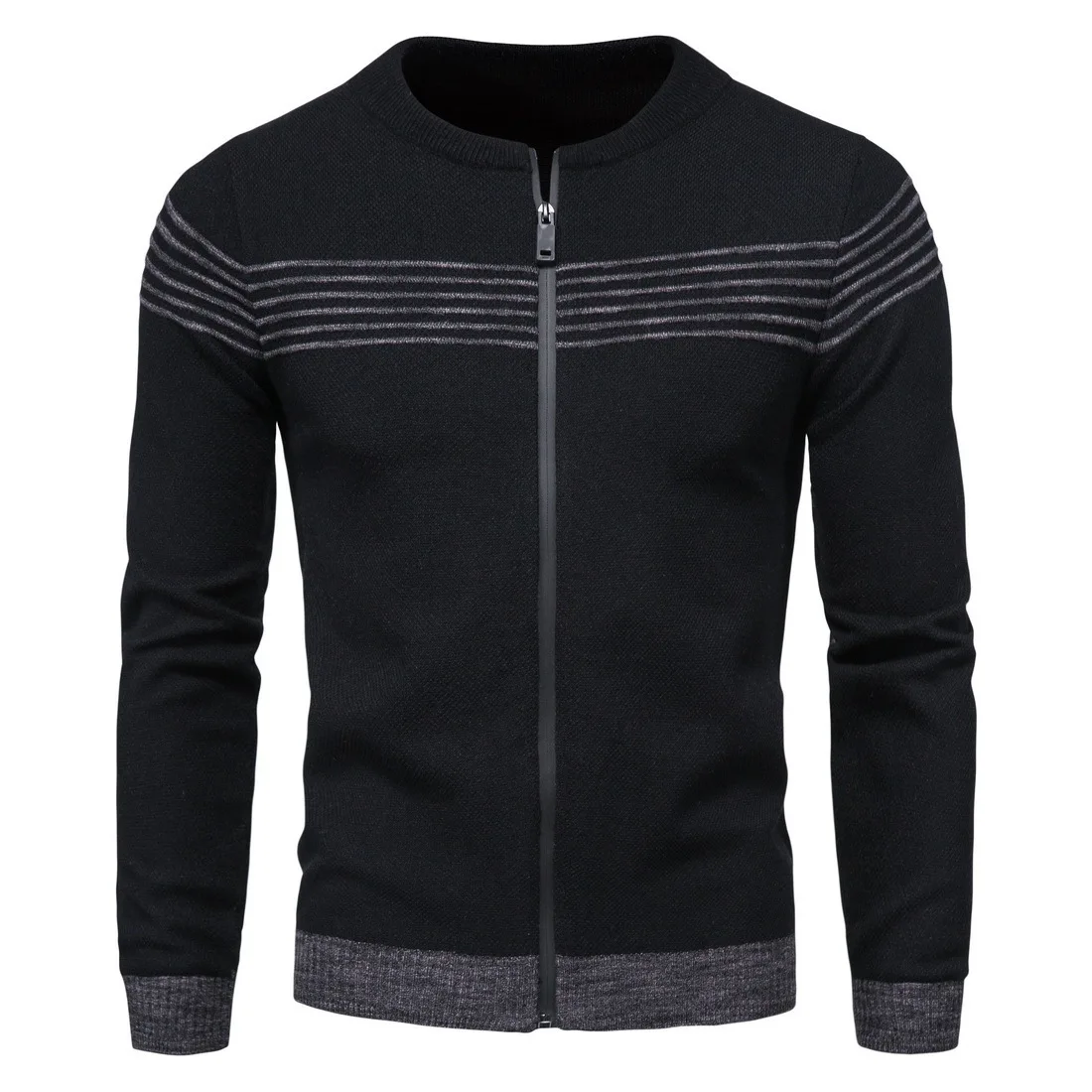 

2021 autumn and winter men's knit sweater men's fashion round neck striped contrast color zipper cardigan outer wear sweater