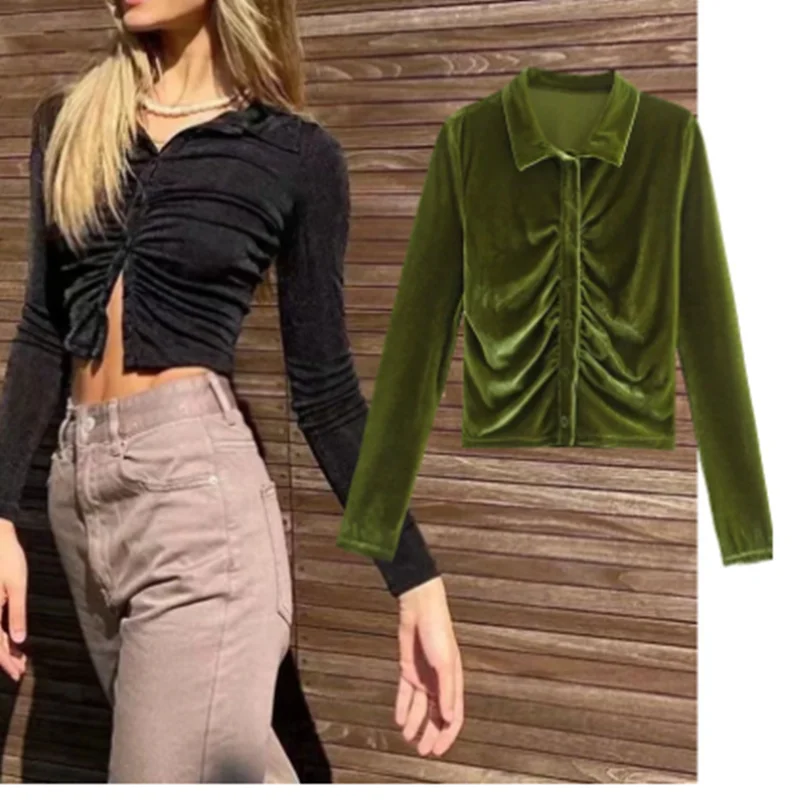 

ZA women's dress retro temperament velvet drape is acted the role of receiving waist buttock shirt type lapel shirt