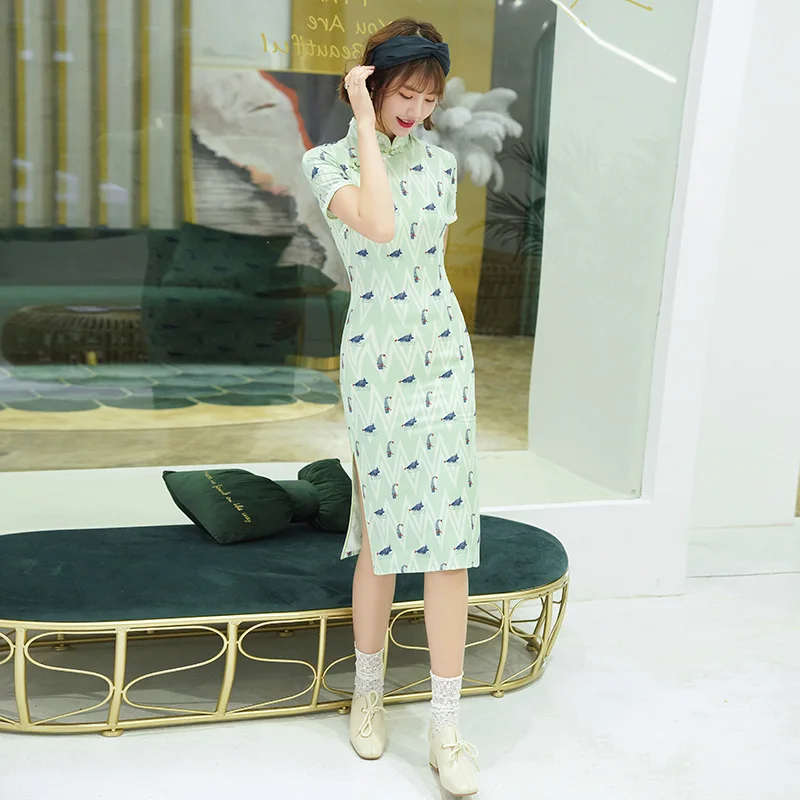 

Green Potted Candy Print Silk Chinese Dress New Pattern Design Cheongsam Banquet Dress Women Chinese Qipao