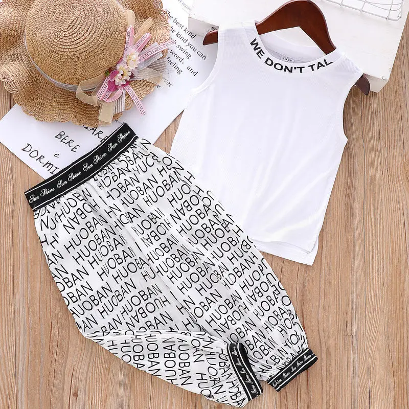 

Женский летний костюм для девочек, новый детский костюм из двух предметов: жилет без рукавов и брюки, детская спортивная одежда, костюм для д...