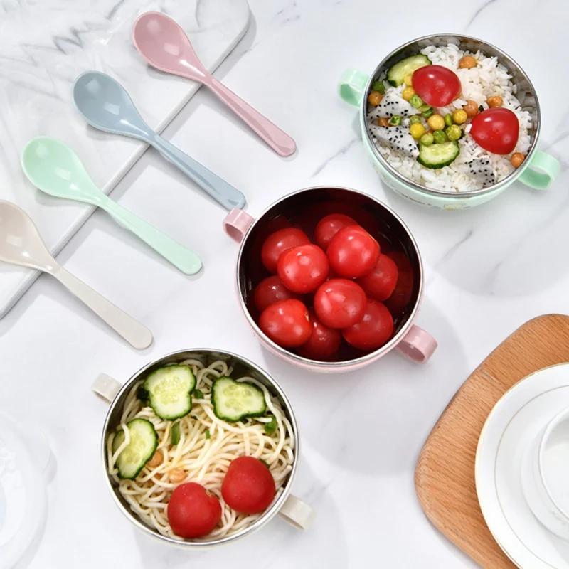 

Baby Feeding Bowl+Spoon Set Non-slip Stainless Steel Insulation Children Tableware Cartoon Printed Kid Food Bowl Dishes New 2021