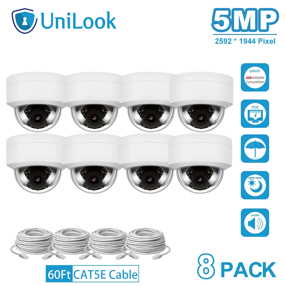

UniLook 4K 8MP IP Camera POE Outdoor Security Camera 8 PCS In Package Built-in Mic IP66 IR 30m Hikvision Compatible H.265