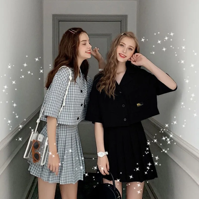 

Women's Suit Short-sleeve Blazer and Plaid Skirts 2 Piece Set Women Clothes Tracksuit Summer Preppy Clothe Loose Two Pieces Set