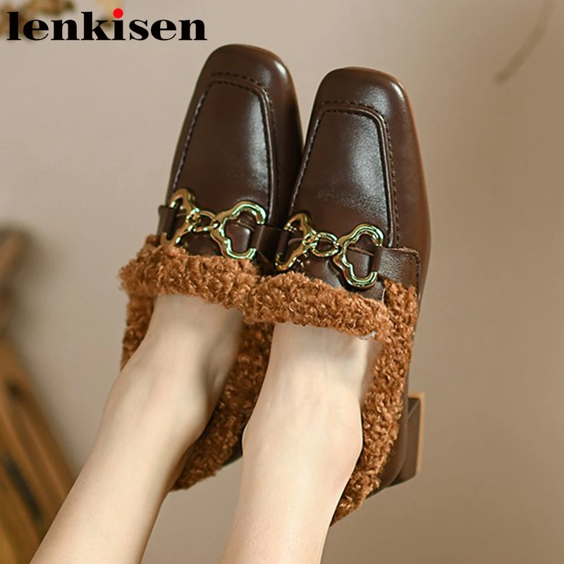 

Lenkisen зимние сохраняющие тепло овечьи меховые винтажные фото слипоны металлические толстые средние каблуки коровья кожа Повседневная одеж...