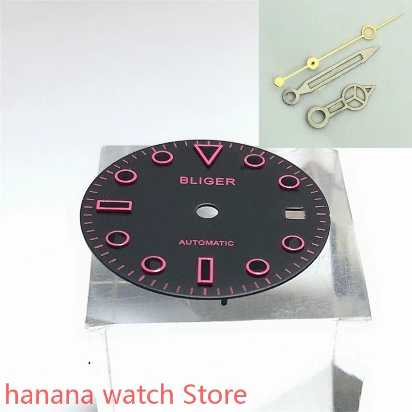 

28.5mm square date kit Miyota 8215/8205/821A MH35 36 movement male watch night dial watch hand assembly parts Pink