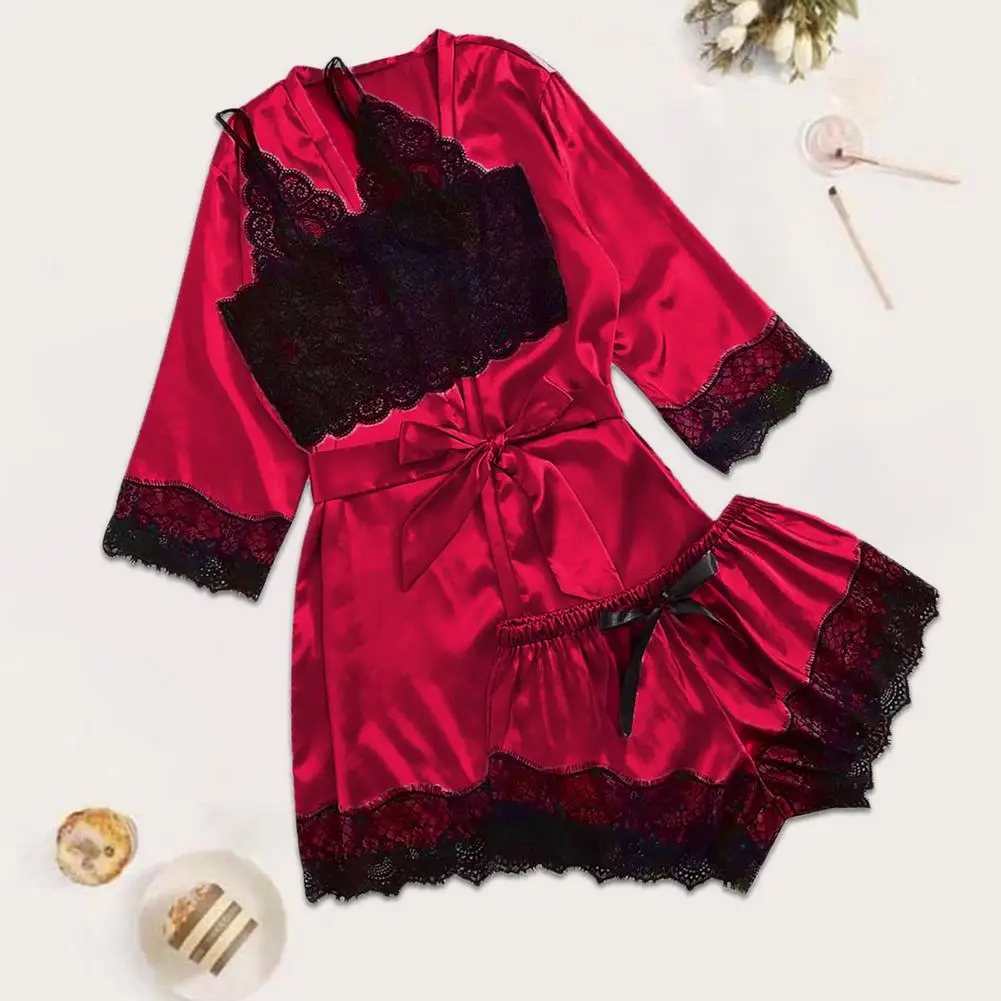 3 шт. халат для сна Женские кружевные Сатиновые пижамы Одежда Комплект v образный