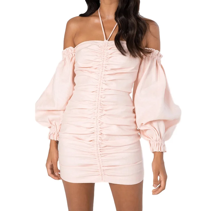 

women's one-word shoulder wrap chest pleated dress ladies tight elastic waist open back puff sleeve dress female summer 2021 new