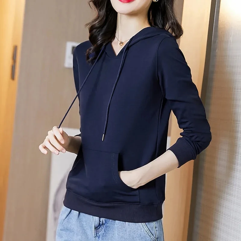 

Базовые однотонные спортивные толстовки, Женский весенне-осенний Повседневный тонкий пуловер с длинным рукавом, топы с капюшоном, корейски...
