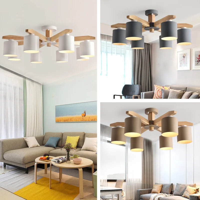 Светодиодный ная люстра E27 для гостиной Деревянный светильник с абажуром