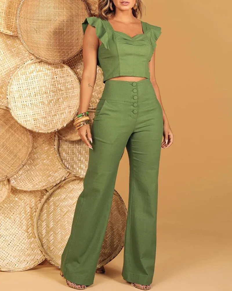 

Flutter Sleeve Zip Back Top & Buttoned High Waist Pants Set Women Two Piece Set
