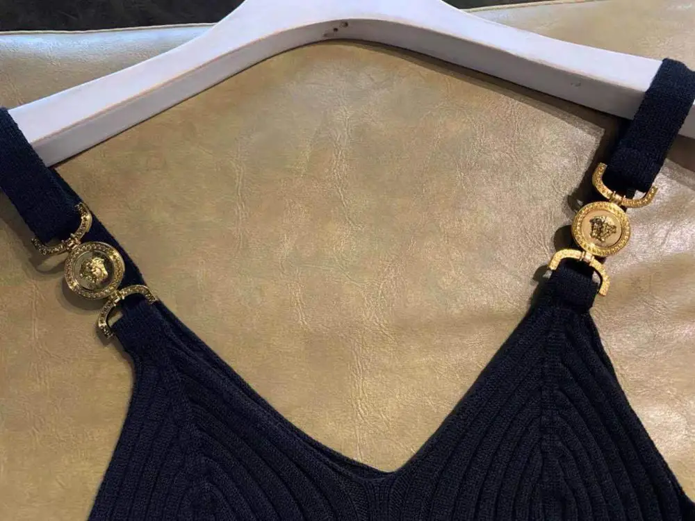 

Women Knitted v-neck tight stretch Tank Top Metal Image Decorative lady Sexy vest wild stylish suspenders bottoming Camis Top