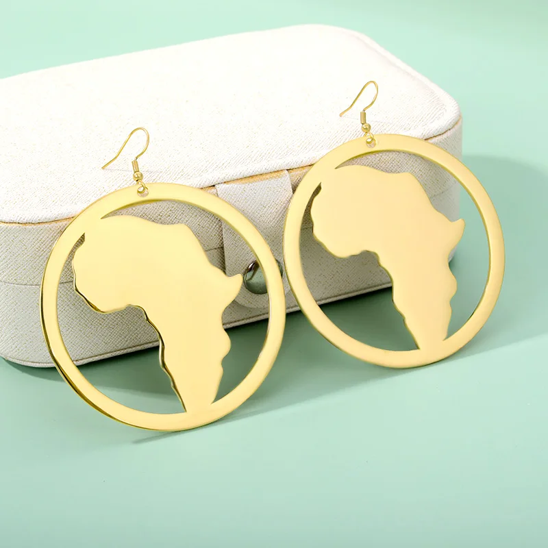 

Goth Big Round Circle Drop Earrings For Women Stainless Steel Africa Map Large Dangle Earrings Punk African Jewelry Gift Brincos