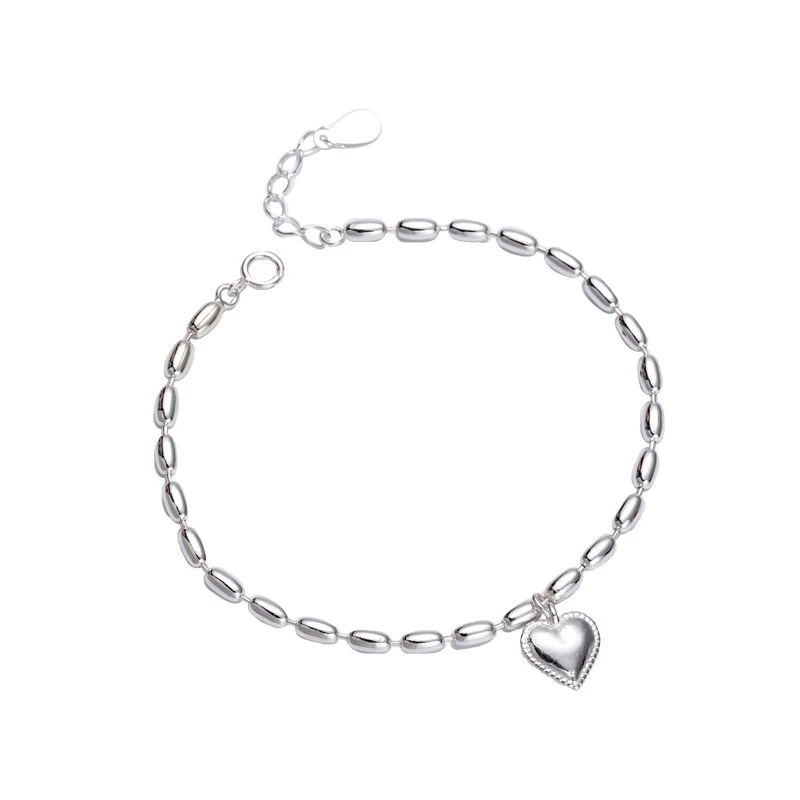 Delicate Rice Bead Bracelet 100% 925 Sterling Silver Cute Heart Pendant Polished Chain Women Teenage Girl 19cm | Украшения и