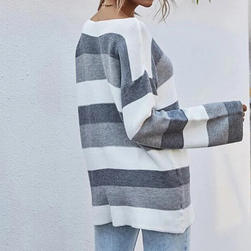 

2020 Fashion Casual Round Neck Grey Striped Loose Long Sleeve Women Pullovers Winter Cloth Long Sleeve Sweatshirts
