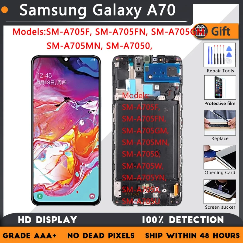 

AMOLED Display For Samsung Galaxy A70 Lcd A705 A705FN A705YN A705F A705G Touch Screen Digitizer Assembly With Frame Replacement