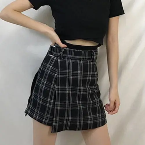 only skirt Woherb, комплект из двух предметов, женский черный укороченный топ и клетчатая юбка, шорты,, корейский сексуальный костюм, летняя одежда, женские юбки, набор 21431 - Цвет: only skirt
