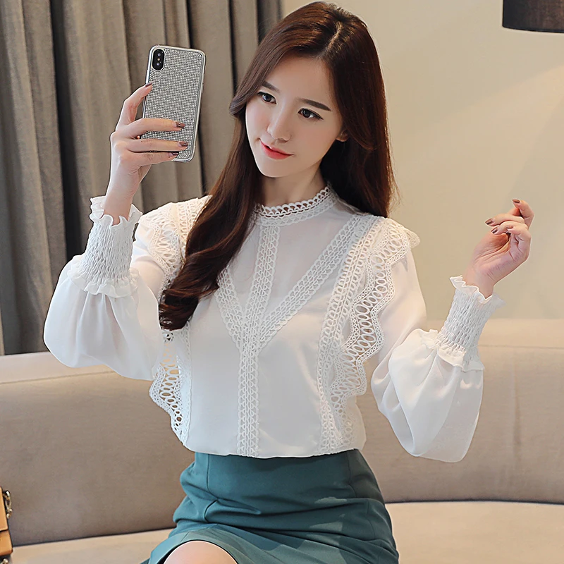 Blusas mujer de moda 2018 белая открытая кружевная шифоновая блузка рубашка с длинным