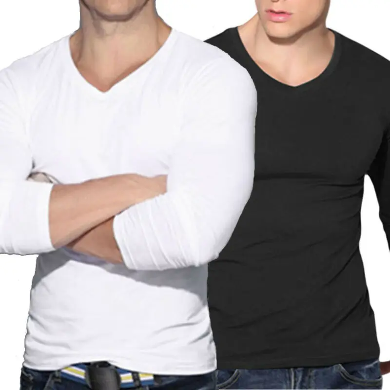 Демисезонная Мужская Повседневная футболка с v-образным вырезом и длинным