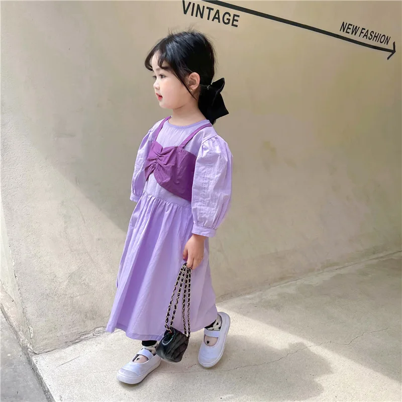 

2021 girls Korean summer holiday two bow tube top dress female baby bubble sleeves long fairy skirt