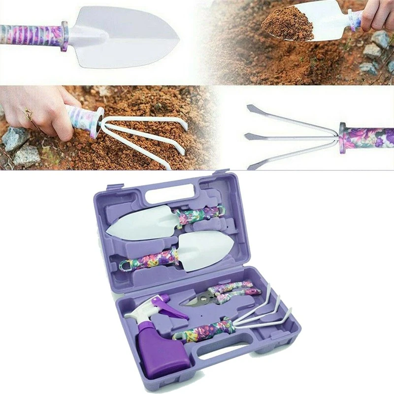 

5 Pieces Garden Tool Set Kids Hand Tool With Trowel Pruner Rake Shovel Grass Shear Spray Bottle With Storage Case