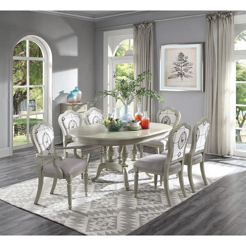 

Extensible wooden white color dining table designs set and purple soft chair of home furniture WA641