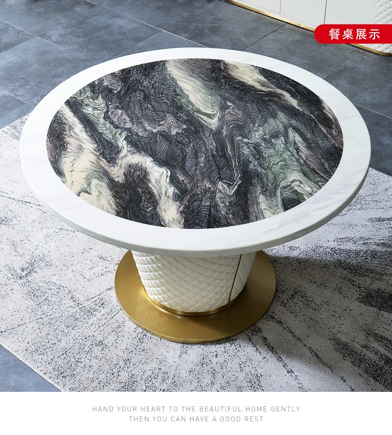 Мраморный обеденный стол из нержавеющей стали круглый + 6 кожаных стульев|Наборы