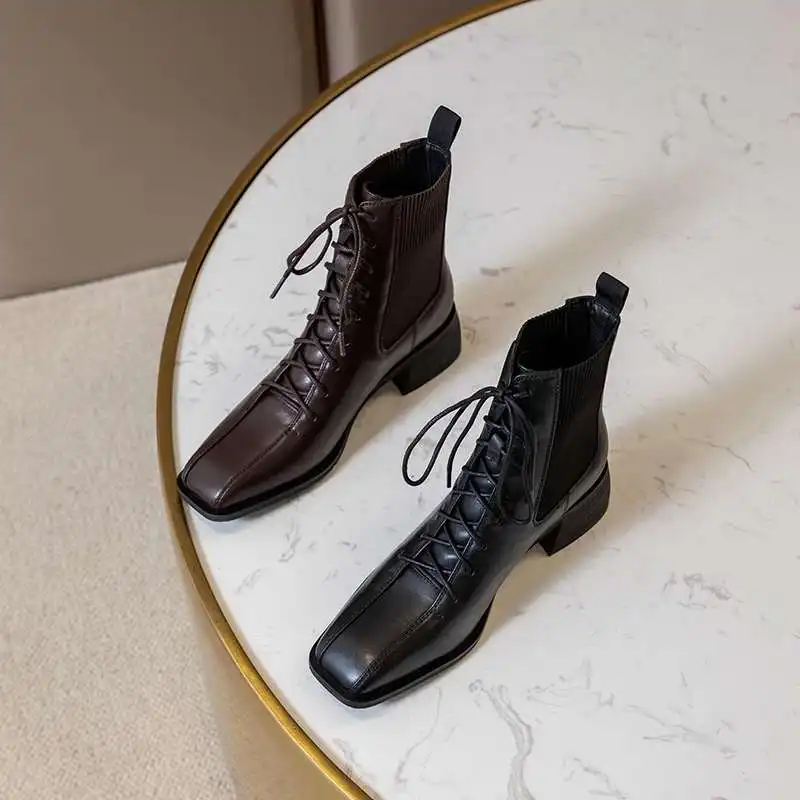 

krazing pot genuine leather square toe med heel butterfly-knot retro gladiator solid elegant lady cozy knitting ankle boots L76