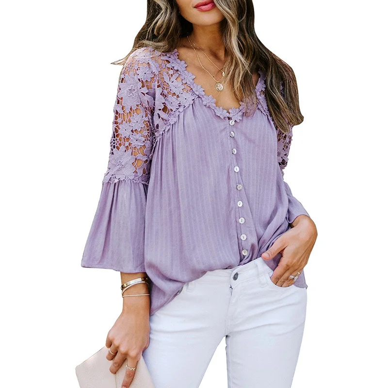 

Women Deep V-Neck Lace Blouse Ladies Elegant Embroidery Stitching Bowknot White Shirts Tops Transparent Long Sleeve Clothing
