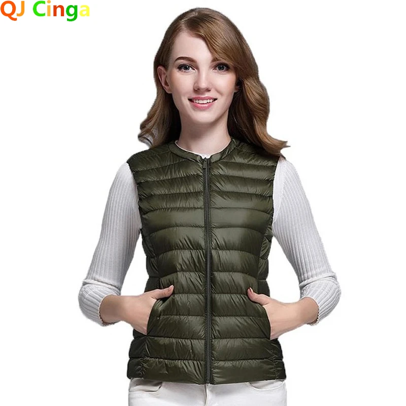 

QJ CINGA New Women's Sleeveless Down Vest Coat Winter Thin Slim O-neck Vests White Blue Black Red Khaki Women Waistcoat S-XXXL