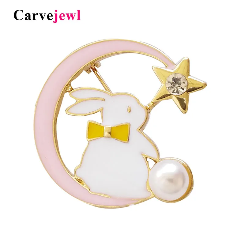 Carvejewl Cartoon animal pink blue rabbit brooch fashion bunny Badge Enamel glaze star moon Shirt Pins Women's Jewelry kids Gift |