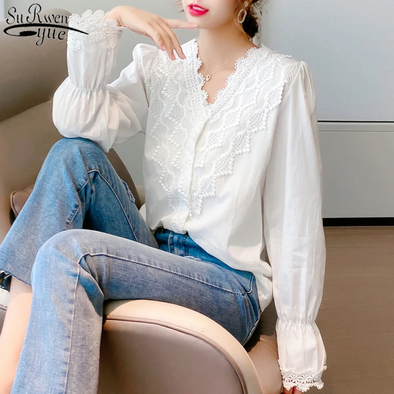 

Женская кружевная блузка с V-образным вырезом, с длинным рукавом