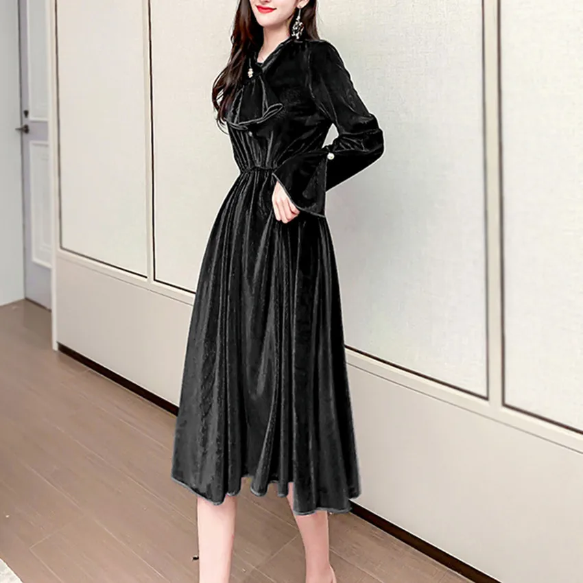 

Autumn Winter Velvet Dress Women Long Sleeve Bow Neck Casual Vintage Dress HIgh Quality Fashion Midi Dresses Robe Femme
